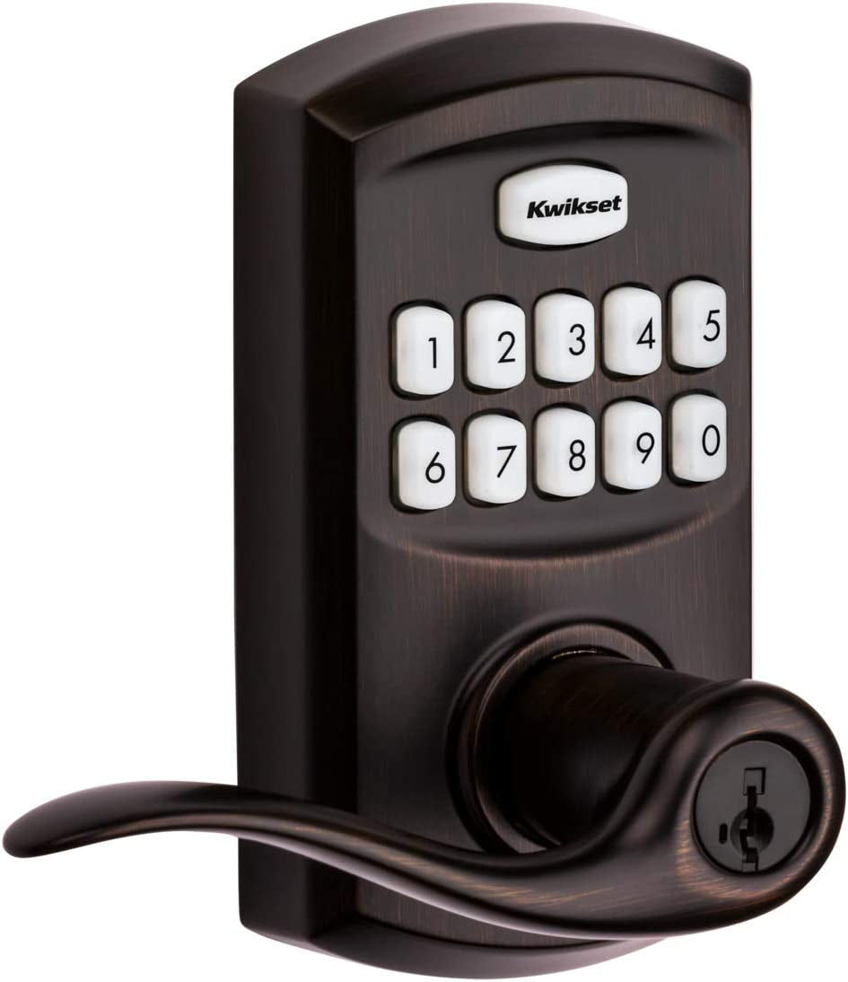SmartCode 917 Keypad Keyless Entry Electronic Lever Deadbolt with Tustin Door Handle and SmartKey Security in Venetian Bronze
