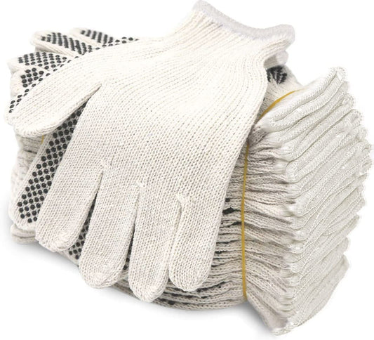 Cotton Polyester String Knit Shell Safety Protection Work Gloves for Painter Mechanic Industrial Warehouse Gardening Construction Men & Women 12 Pairs, with One Side Dots, L Size