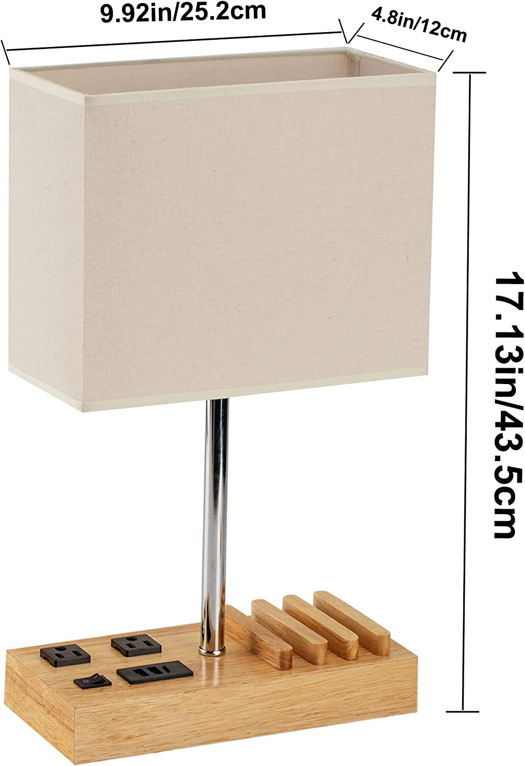 Desk Lamp with 3 USB Charging Ports, 2 AC Outlets, and 3 Phone Stands - Nightstand Lamp with Natural Wooden Base and Cream Linen Shade