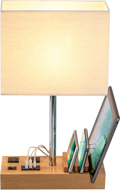 Desk Lamp with 3 USB Charging Ports, 2 AC Outlets, and 3 Phone Stands - Nightstand Lamp with Natural Wooden Base and Cream Linen Shade