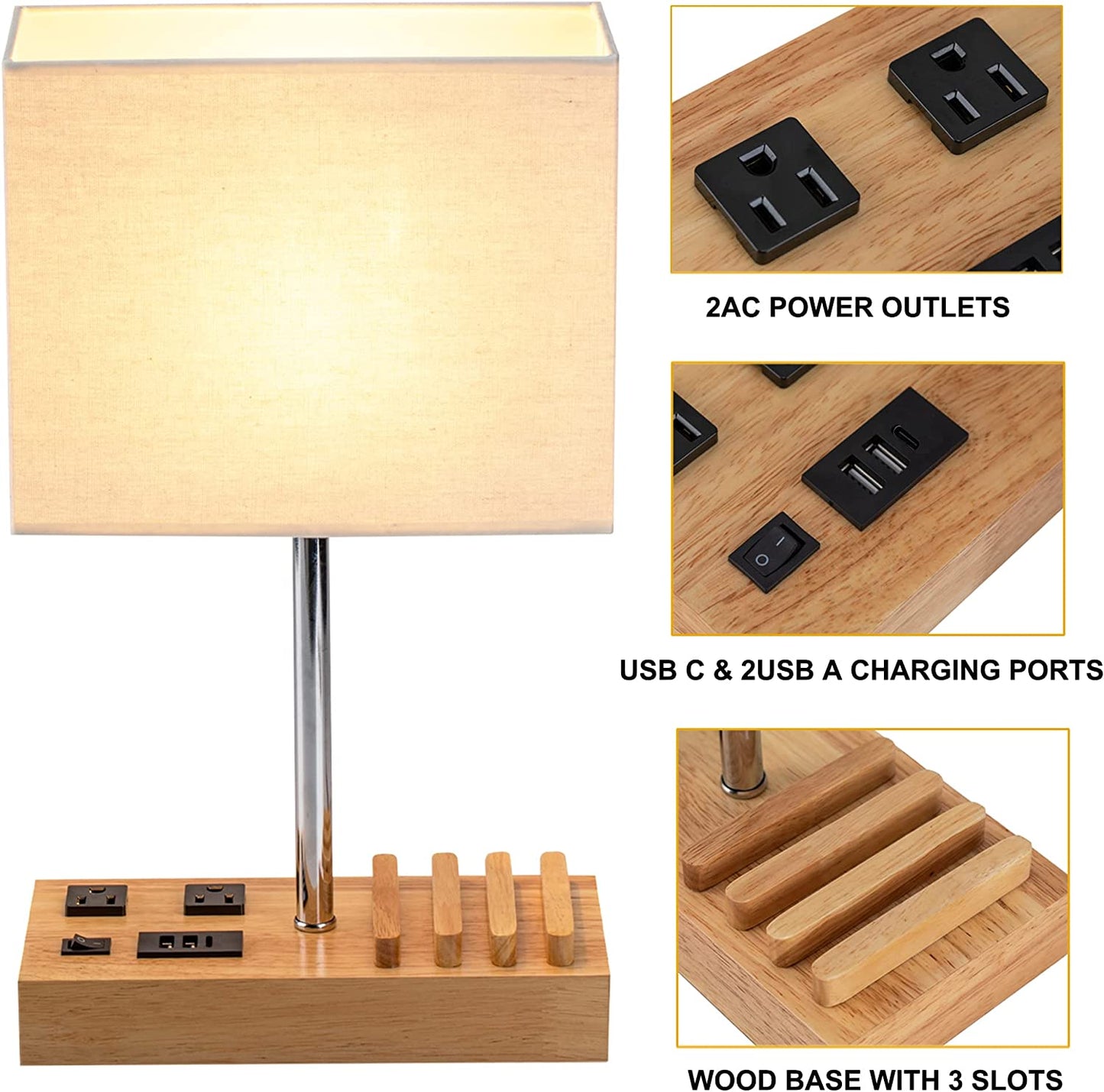 Desk Lamp with 3 USB Charging Ports, 2 AC Outlets, and 3 Phone Stands - Nightstand Lamp with Natural Wooden Base and Cream Linen Shade