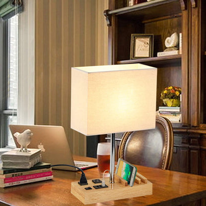 Desk Lamp with 3 USB Charging Ports, 2 AC Outlets, and 3 Phone Stands - Nightstand Lamp with Natural Wooden Base and Cream Linen Shade