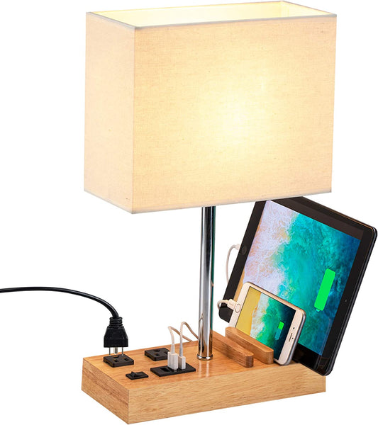 Desk Lamp with 3 USB Charging Ports, 2 AC Outlets, and 3 Phone Stands - Nightstand Lamp with Natural Wooden Base and Cream Linen Shade