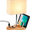 Desk Lamp with 3 USB Charging Ports, 2 AC Outlets, and 3 Phone Stands - Nightstand Lamp with Natural Wooden Base and Cream Linen Shade